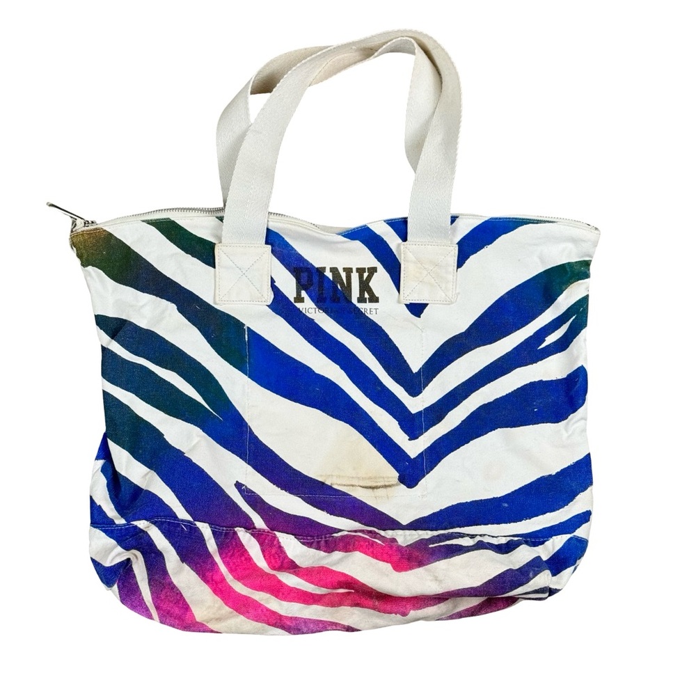 Vintage PINK Victoria's Secret Zebra Multicolor Canvas Tote Beach Travel Bag